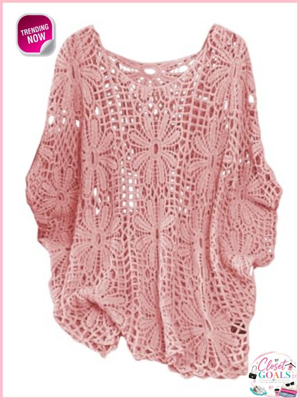 Plus Size Crochet Hollow Out 3/4 Sleeve Sweater Cover-Up